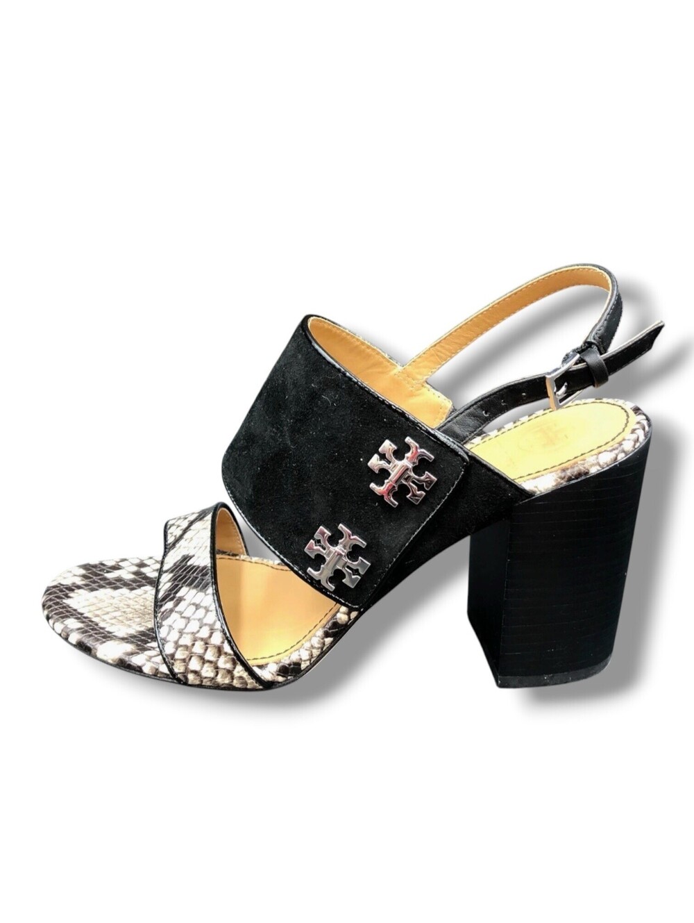 Tory Burch Kira Women’s 7 Black Suede Snake Embossed Block Heel Sandals - Picture 5 of 10